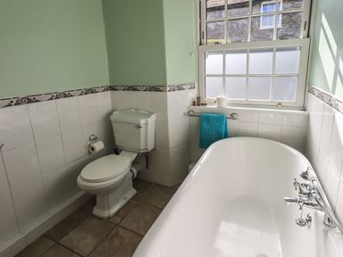 A bathroom with a toilet and bathtub near a window with a towel hanging on the rack at Tizzie Whizie Cottage in Windermere