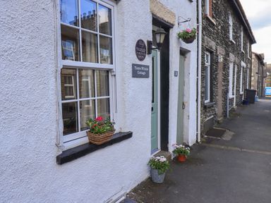 The exterior of a white cottage with a green door and flower pots on the windowsill and ground at Tizzie Whizie Cottage in Windermere