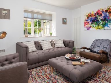 A living room with gray sofa and armchair a colorful rug and a multicolored abstract painting at Hawkrigg Farm in Hawkshead