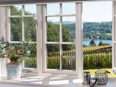 A window with potted plants on the sill overlooking trees water and hills at Hawkrigg Farm in Hawkshead
