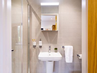 A bathroom with a pedestal sink mirror soap dispenser toothbrush holder towel and shower at Hawkrigg Farm in Hawkshead