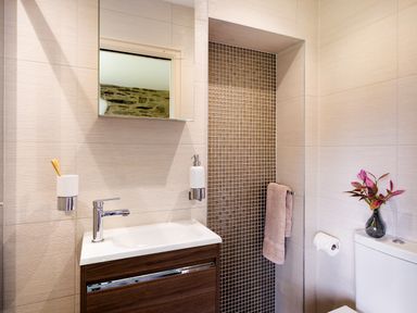 A bathroom with a sink, mirror cabinet, soap dispenser, towel on a rack, toilet, and a vase with flowers at Hawkrigg Farm in Hawkshead