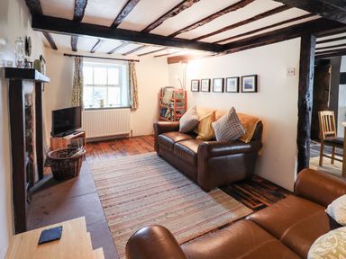 A living room with brown leather sofas a rug a television and framed pictures on the wall at Blease Garth in Threlkeld