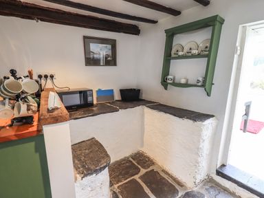 A kitchen corner with a microwave and cups on a stand near a green shelf with plates and mugs at Blease Garth in Threlkeld