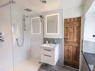 A bathroom with a walk in shower a wooden door a white sink with a mirror at Blease Garth in Threlkeld