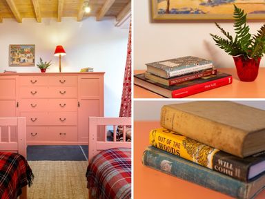 A room with two beds with plaid blankets a pink dresser with books and a lamp on top and close up views of books and a plant in a red vase at Kentmere Hall Bank Barn Kentmere