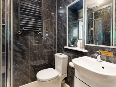 A bathroom with a toilet sink mirror and heated towel rail at Scots Pine in Keswick