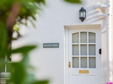 A white door with glass panels and a brass mail slot with a Scots Pine sign on the wall and a black outdoor light in Keswick