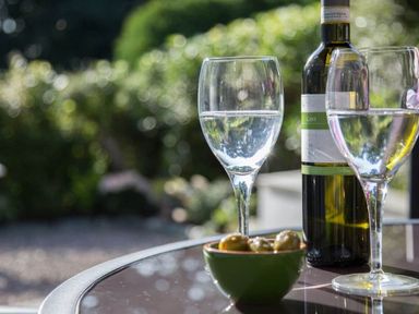 A glass table outside with two glasses of white wine a bottle of wine and a bowl of olives in a garden