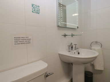 A bathroom with a sink, toilet, and mirror at Woodside West in Bowness