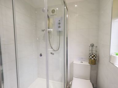 A bathroom with a glass shower enclosure and a toilet with a toilet paper holder at Corner Cottage in Troutbeck