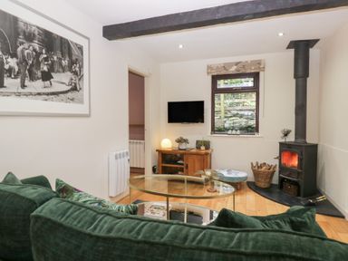 A living room with a wood stove and television at Corner Cottage in Troutbeck