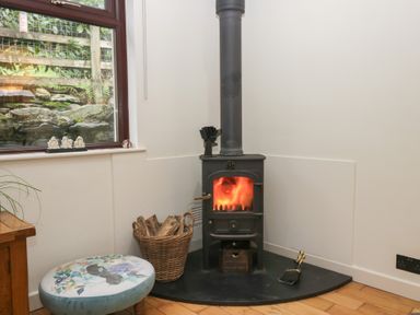 A living room with a wood stove and logs at Corner Cottage in Troutbeck