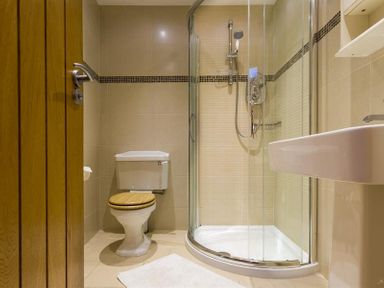 A bathroom with a toilet a glass enclosed shower and a sink at Oaklea in Ambleside