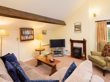 A living room with sofas TV fireplace and coffee table at Lakefield House in Hawkshead