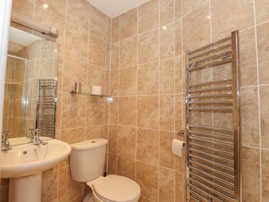 A bathroom with a toilet sink mirror glass shelf and a heated towel rail at Fernleigh Cottage in Ambleside