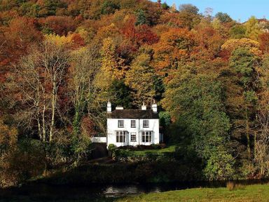 A white house surrounded by autumn trees near a river at Loughrigg Cottage in Ambleside