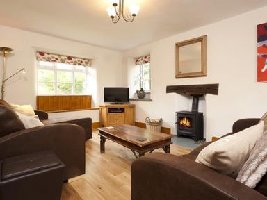 A living room with brown sofas a wooden coffee table a fireplace and a television at Wythebank in Langdale