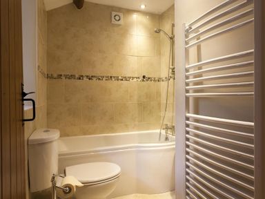 A bathroom with a toilet bathtub shower and towel radiator at Wythebank in Langdale