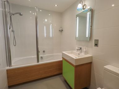 A bathroom with a bathtub shower combination a sink with green cabinet and a toilet at Idle Mill 1 Ambleside