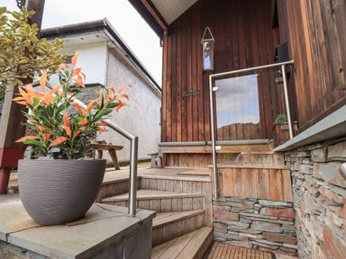 An outdoor wooden staircase with a metal railing next to a large plant in a pot at Le Chalet in Elterwater