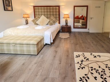 A bedroom with a bed with cushions and a fur throw two bedside lamps a mirror on the wall and a patterned rug on the floor at Le Chalet in Elterwater