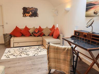 A beige sofa with red and brown cushions and a patterned rug next to a wooden desk with a mirror and a chair with a blanket at Le Chalet in Elterwater