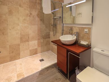 A bathroom with a walk-in shower wooden vanity with a round sink and a toilet at Le Chalet in Elterwater