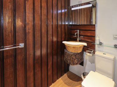 A bathroom with wooden paneling a log-style sink a toilet and mirror at Le Chalet in Elterwater