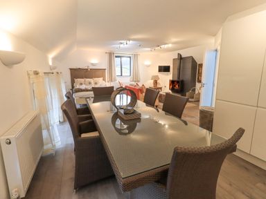 A dining area with a glass table and wicker chairs adjoining a living space with a sofa bed and a fireplace at Le Chalet in Elterwater