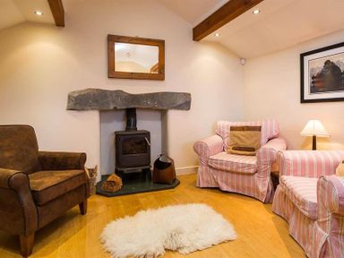 A living room with a wood stove fireplace two armchairs pink striped and brown and a fluffy white rug at Ivy Cottage in Ambleside