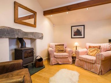 A sitting area with two striped armchairs a wood burning stove and a mirror above the fireplace at Ivy Cottage in Ambleside