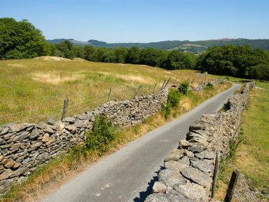 A narrow road with stone walls on both sides running through a grassy field with trees and hills in the background at Bank Barn at Rusland in Grizedale