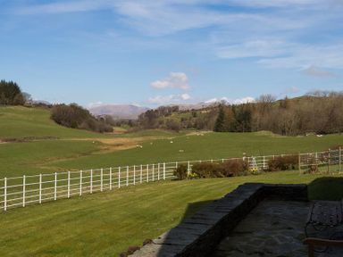 A grassy field with white fencing and trees in the background at Juniper Cottage in Windermere
