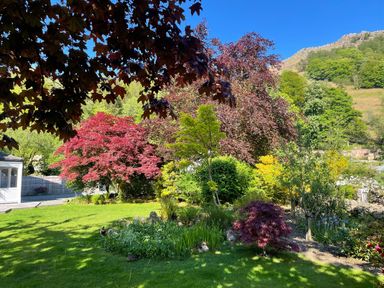A garden with various trees and plants including red and yellow foliage and a small white gazebo at Ben House in Grasmere