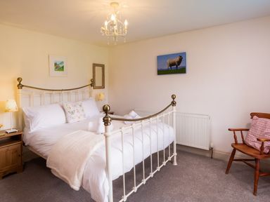 A bedroom with a metal framed bed two bedside tables with lamps a wooden chair and paintings on the walls at Birchmill Cottage in Crook
