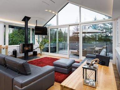 A living room with a gray sectional sofa a red rug a wood burning stove large glass doors leading to a patio at Tall Trees in Bowness