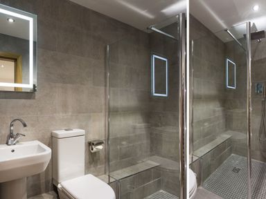 A bathroom with a wall-mounted sink a toilet and a glass-enclosed shower with a built-in bench at Tall Trees in Bowness