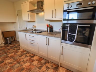 A kitchen with white cabinets an electric cooktop a double oven and utensils in a holder at Laal Field House in Keswick