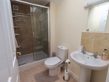 A bathroom with a shower enclosure toilet sink and mirror at Laal Field House in Keswick