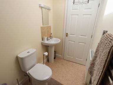 A bathroom with a toilet sink mirror and towel rack at Laal Field House in Keswick