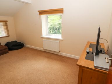 A room with a brown carpet a window a radiator a wooden cabinet with a television and remote and a bean bag at Goswick Hall in Bowland Bridge