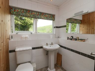 A bathroom with a toilet sink mirror and window with floral blinds at Lake Lodge in Bowness-On-Windermere