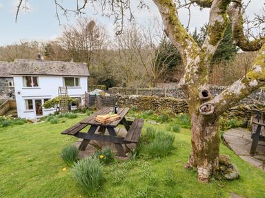 A garden with a picnic table and a tree near a white house surrounded by a stone wall at Gunpowder Cottage Langdale