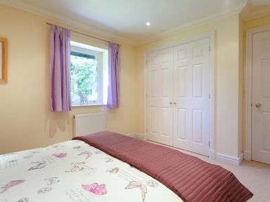 A bedroom with a bed covered in butterfly patterned bedding purple curtains on the window and white double closet doors at The Old Barn in Ambleside