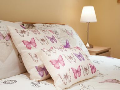 A bed with butterfly patterned pillows and bedding next to a nightstand with a lamp at The Old Barn in Ambleside