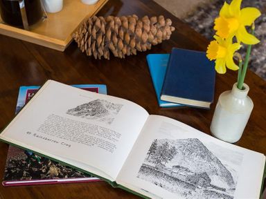 A wooden table with an open book showing sketches and text pine cone two closed books and a vase with yellow flowers at Camellia Cottage in Bowness