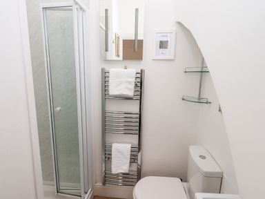 A bathroom with a shower cubicle a toilet a heated towel rail with towels and glass corner shelves at Number Twenty in Keswick