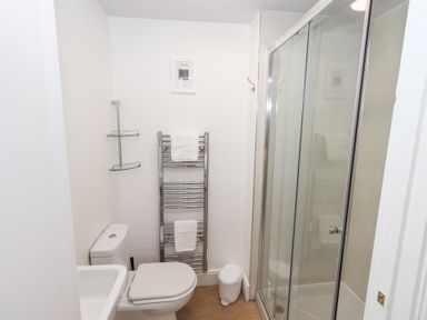 A bathroom with a toilet sink heated towel rail glass shower enclosure and trash bin at Number Twenty in Keswick