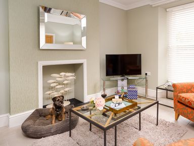 A sitting room with a dog on a pet bed a glass coffee table and a television at Pippin Cottage Keswick